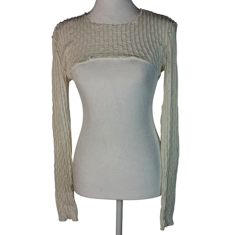 Size L Y2K Wrinkle Texture Keyhole Lace Stretchy White Bolero Shrug Longsleeve